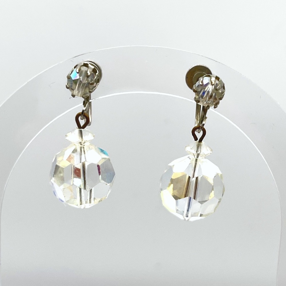 Vintage Aurora Borealis Crystal Screw Back Drop Earrings Iridescent Silver Tone
